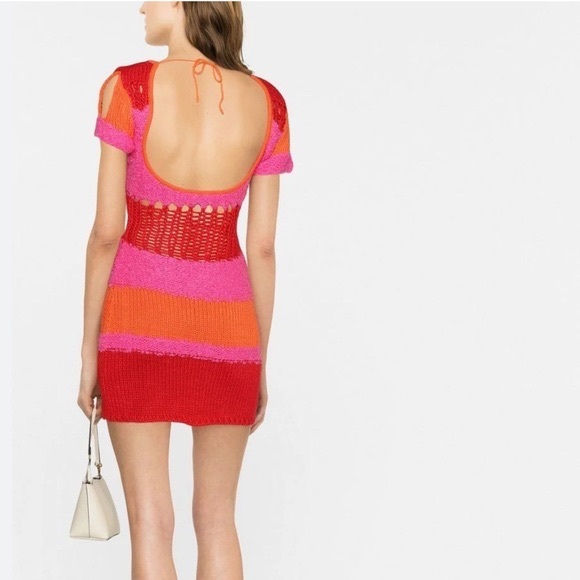 Danielle Guizio Red, Orange and Pink Knit Crochet Mini Dress - Picture 3 of 7